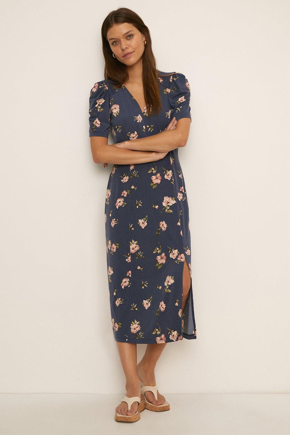 Floral Ruched Sleeve Midi Dress | Oasis